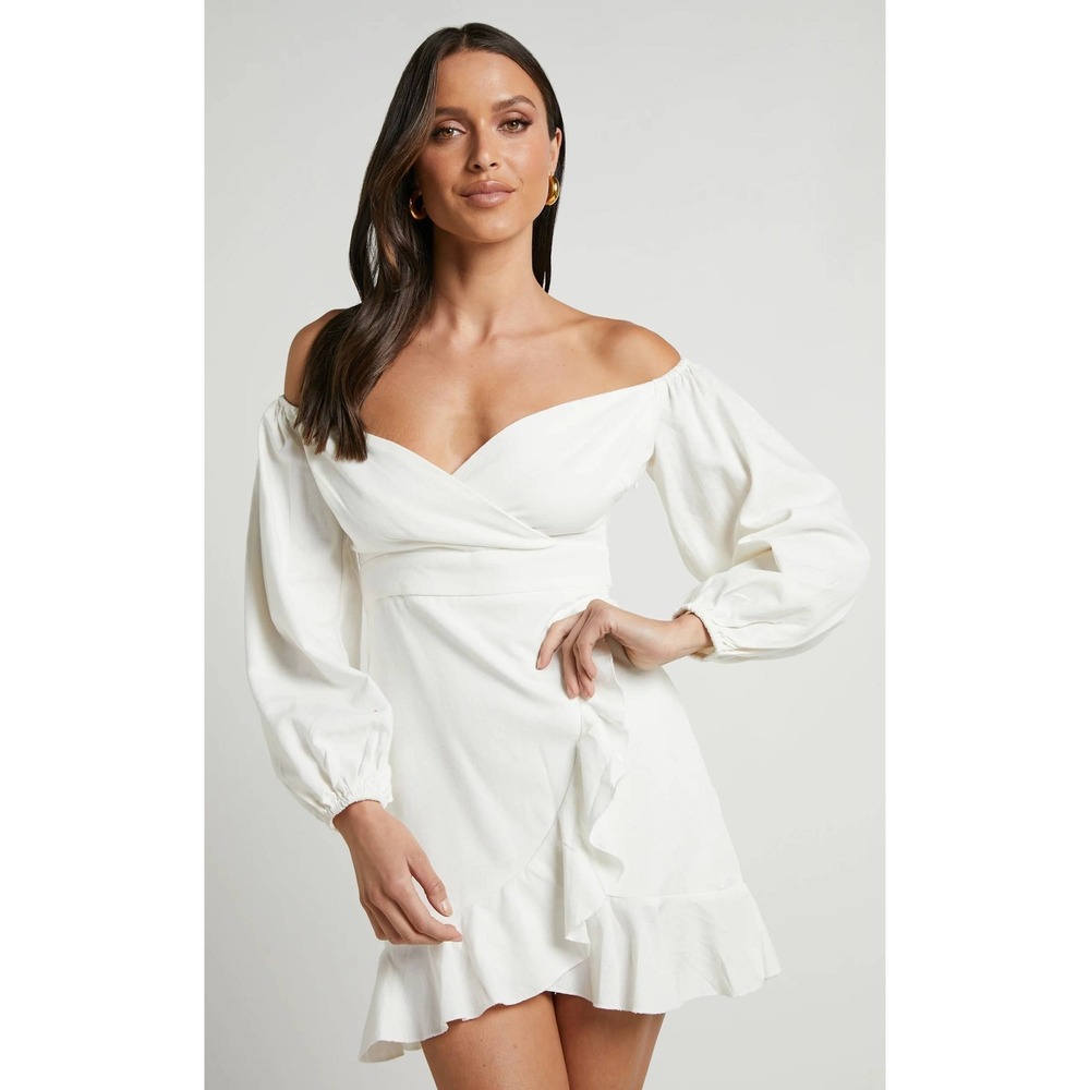 Showpo Cant Move On Mini Dress Womens Sz 14 White Linen Wrap Ruffle Off Shoulder